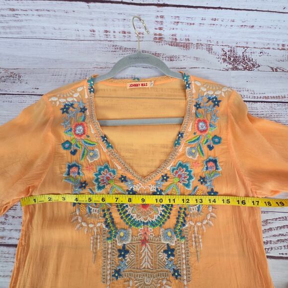 Johnny Was Orange Tropical Blouse (S) Multicolor Emboidered Whimsy Fairy V-Neck - Picture 10 of 13
